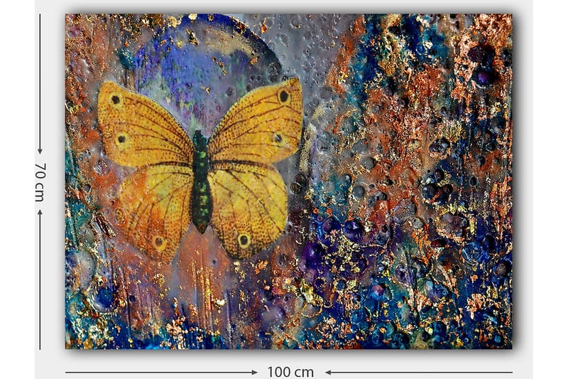 Canvastavla 70x100 cm - Vacker fjäril i gult som svävar över en abstrakt bakgrund med färgglada detaljer - Gult / Blått / Brunt - Inredning - Tavlor & konst - Canvastavlor
