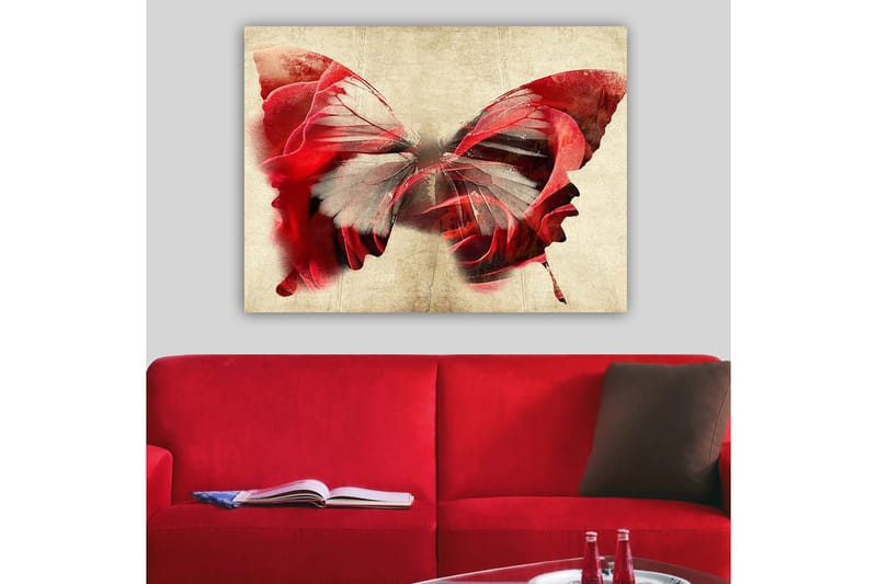 Canvastavla 70x100 cm - Vacker fjäril som är sammansatt av rosor, vilket skapar en harmonisk och drömlik känsla - Röd / Grå - Inredning - Tavlor & konst - Canvastavlor