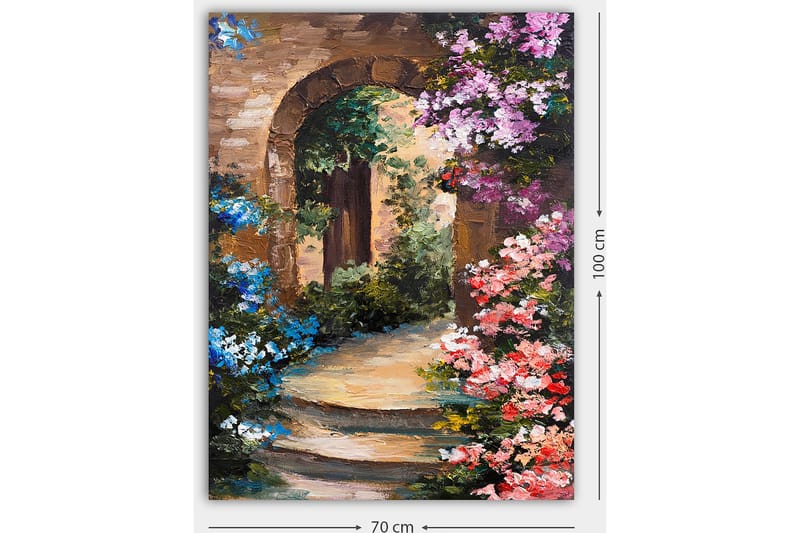 Canvastavla 70x100 cm - Vacker gränd med blommor som omger en båge av sten - Ljusblå / Rosa / Grön - Inredning - Tavlor & konst - Canvastavlor