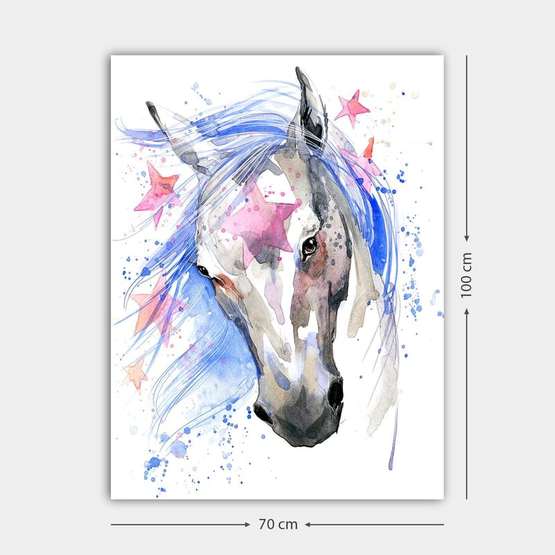 Canvastavla 70x100 cm - Vacker häst med en flödande blå man och rosa stjärnor som accentuerar motivet - Blå / Grå / Rosa - Inredning - Tavlor & konst - Canvastavlor