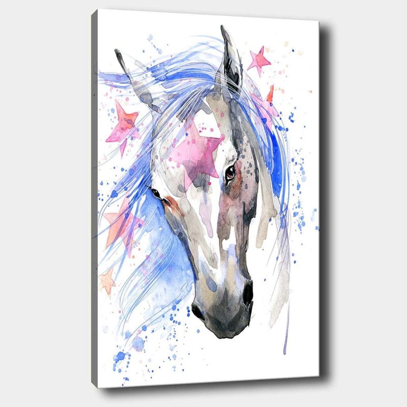 Canvastavla 70x100 cm - Vacker häst med en flödande blå man och rosa stjärnor som accentuerar motivet - Blå / Grå / Rosa - Inredning - Tavlor & konst - Canvastavlor