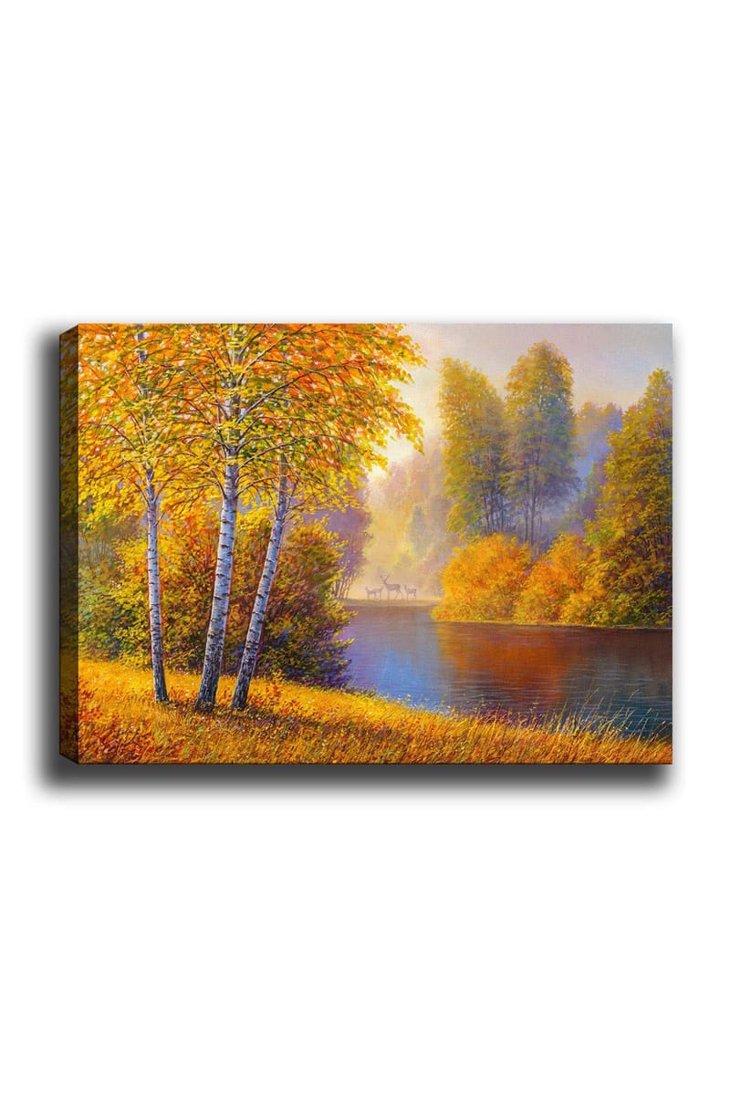 Canvastavla 70x100 cm - Vacker höstlandskap med björkar vid en stilla sjö, Guldorange / Grön / Blå