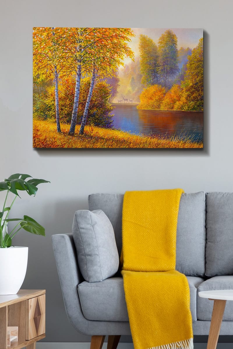 Canvastavla 70x100 cm - Vacker höstlandskap med björkar vid en stilla sjö - Guldorange / Grön / Blå - Inredning - Tavlor & konst - Canvastavlor