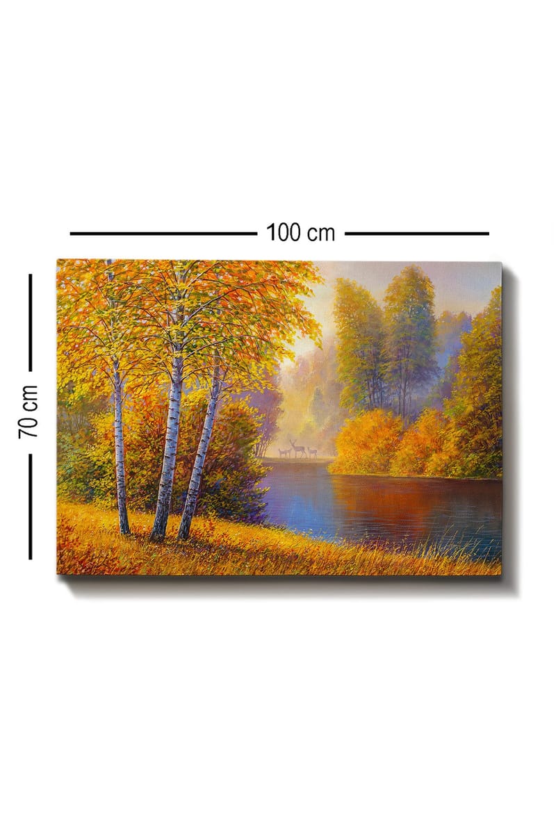 Canvastavla 70x100 cm - Vacker höstlandskap med björkar vid en stilla sjö - Guldorange / Grön / Blå - Inredning - Tavlor & konst - Canvastavlor