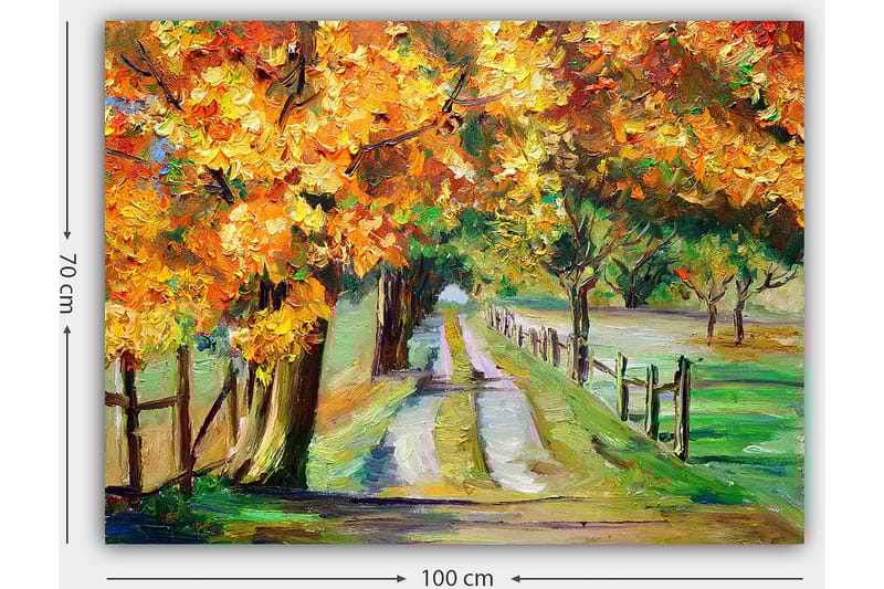 Canvastavla 70x100 cm - Vacker höstlandskap med färgglada träd längs en grusväg - Orange / Grön / Brun - Inredning - Tavlor & konst - Canvastavlor