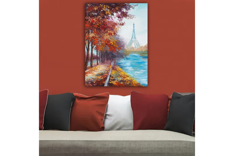 Canvastavla 70x100 cm - Vacker höstscen med Eiffeltornet i bakgrunden, omgiven av färgglada träd och en glittrande flod - Röd / Blå / Orange - Inredning - Tavlor & konst - Canvastavlor