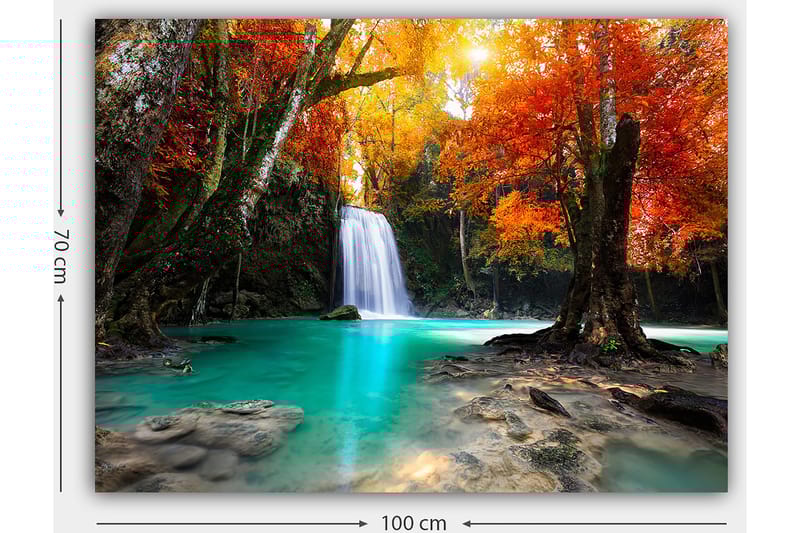 Canvastavla 70x100 cm - Vacker höstscen med en vattenfall omgiven av färgglada träd i orange och röd nyans - Turkos / Orange / Röd - Inredning - Tavlor & konst - Canvastavlor