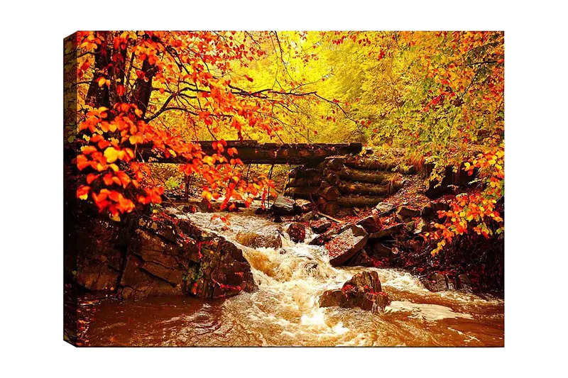 Canvastavla 70x100 cm - Vacker höstscen med en porlande bäck omgiven av färgglada träd och löv i varma nyanser, Orange / Gult / Brunt