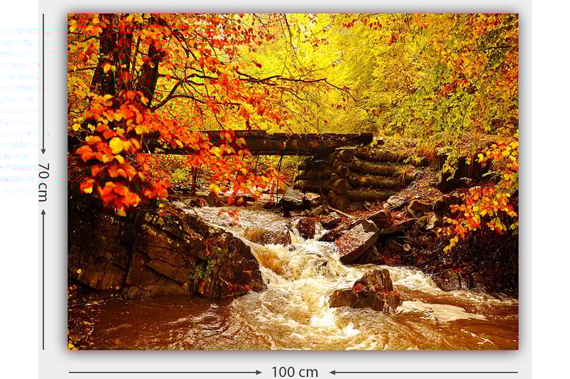 Canvastavla 70x100 cm - Vacker höstscen med en porlande bäck omgiven av färgglada träd och löv i varma nyanser - Orange / Gult / Brunt - Inredning - Tavlor & konst - Canvastavlor
