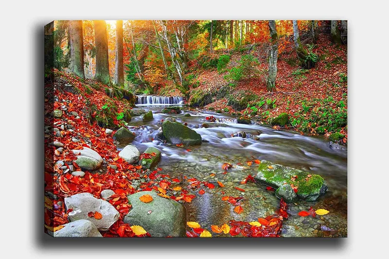 Canvastavla 70x100 cm - Vacker höstscen med en porlande bäck omgiven av färgglada höstlöv, Röd / Grön / Brun