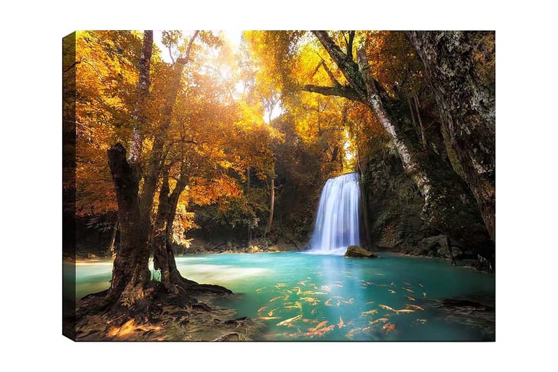 Canvastavla 70x100 cm - Vacker höstscen med ett vattenfall omgiven av färgglada träd och klart vatten - Guldorange / Turkos / Brun - Inredning - Tavlor & konst - Canvastavlor