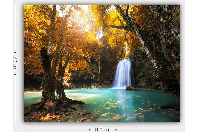 Canvastavla 70x100 cm - Vacker höstscen med ett vattenfall omgiven av färgglada träd och klart vatten - Guldorange / Turkos / Brun - Inredning - Tavlor & konst - Canvastavlor
