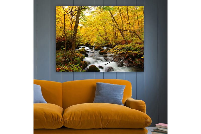 Canvastavla 70x100 cm - Vacker höstscen med ett porlande vattendrag omgiven av gyllene och röda träd - Guldgul / Mörkgrön / Röd - Inredning - Tavlor & konst - Canvastavlor