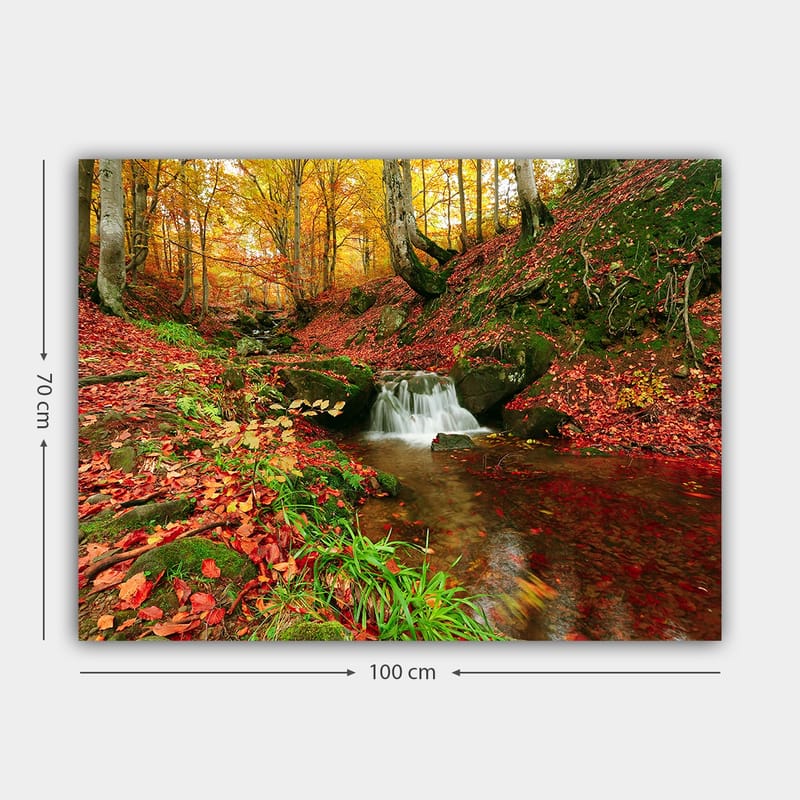 Canvastavla 70x100 cm - Vacker höstscen med ett porlande vattendrag omgiven av färgglada lövträd - Orange / Röd / Grön - Inredning - Tavlor & konst - Canvastavlor