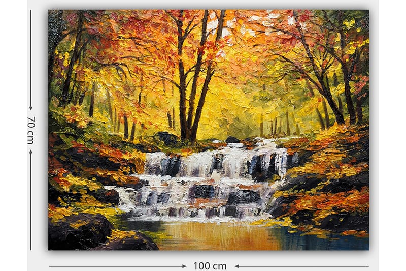 Canvastavla 70x100 cm - Vacker höstscen med ett porlande vattenfall omgiven av färgglada träd i gult och orange - Gult / Orange / Brunt - Inredning - Tavlor & konst - Canvastavlor