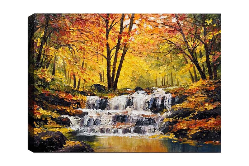 Canvastavla 70x100 cm - Vacker höstscen med ett porlande vattenfall omgiven av färgglada träd i gult och orange - Gult / Orange / Brunt - Inredning - Tavlor & konst - Canvastavlor