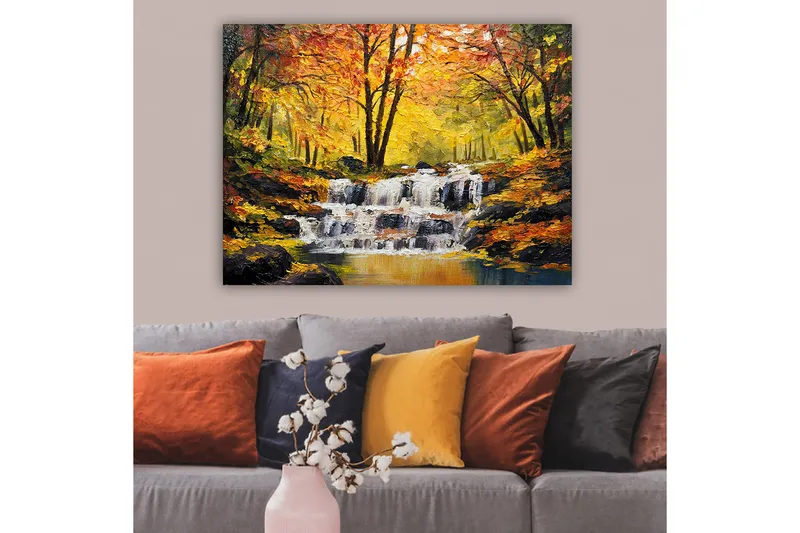 Canvastavla 70x100 cm - Vacker höstscen med ett porlande vattenfall omgiven av färgglada träd i gult och orange - Gult / Orange / Brunt - Inredning - Tavlor & konst - Canvastavlor