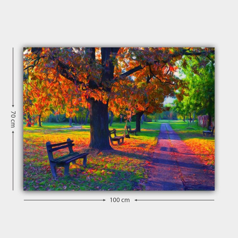 Canvastavla 70x100 cm - Vacker höstscen med färgglada träd och bänkar i en park - Orange / Grön / Brun - Inredning - Tavlor & konst - Canvastavlor
