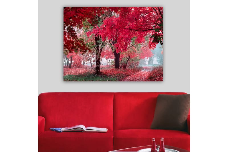 Canvastavla 70x100 cm - Vacker höstscen med röda och orangea löv som täcker träden och marken - Röd / Orange / Grön - Inredning - Tavlor & konst - Canvastavlor