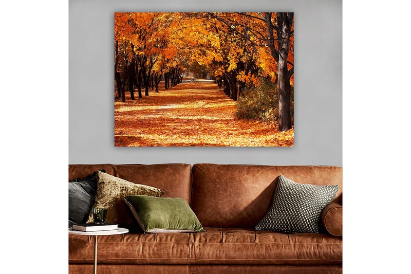Canvastavla 70x100 cm - Vacker höstscen med träd i starka orangea och gula nyanser som skapar en inbjudande gångväg täckt av fallna löv - Orange / Gult / Brunt - Inredning - Tavlor & konst - Canvastavlor