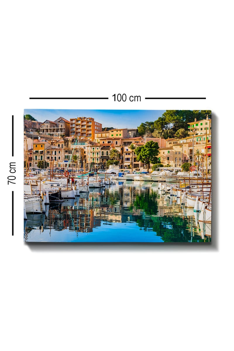 Canvastavla 70x100 cm - Vacker hamn med segelbåtar och färgglada hus vid vattnet - Blå / Grön / Orange - Inredning - Tavlor & konst - Canvastavlor