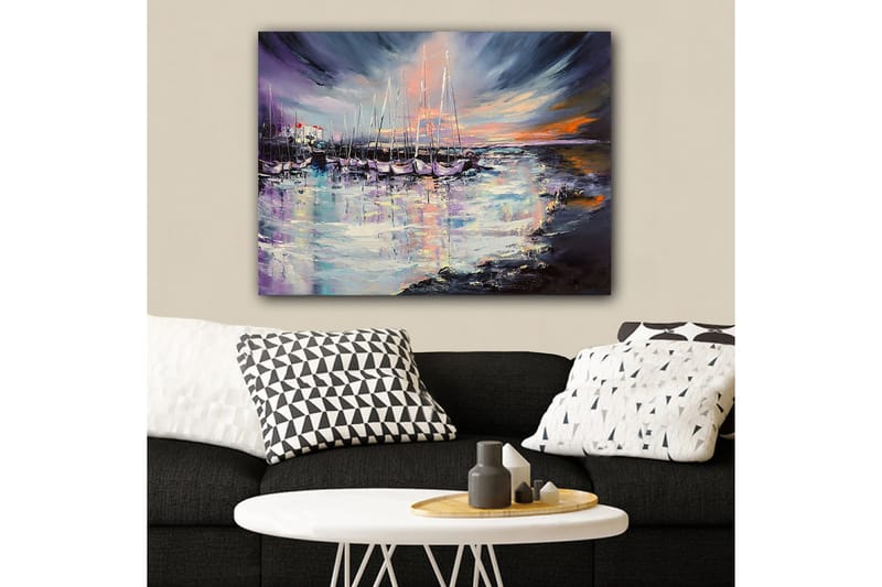 Canvastavla 70x100 cm - Vacker hamn med segelbåtar som reflekteras i vattnet under en färgsprakande solnedgång - Lila / Blå / Orange - Inredning - Tavlor & konst - Canvastavlor