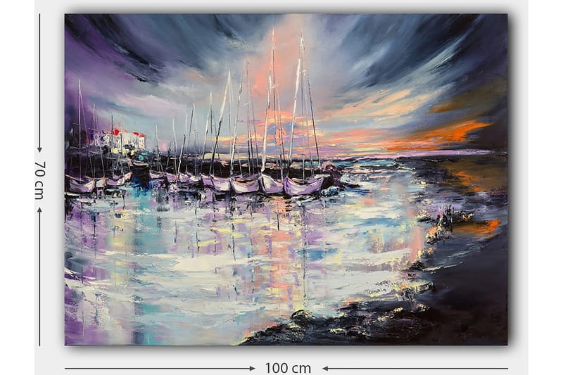 Canvastavla 70x100 cm - Vacker hamn med segelbåtar som reflekteras i vattnet under en färgsprakande solnedgång - Lila / Blå / Orange - Inredning - Tavlor & konst - Canvastavlor