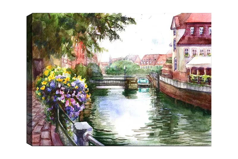 Canvastavla 70x100 cm - Vacker kanal med blommor i förgrunden och pittoreska byggnader i bakgrunden, Grön / Blå / Lila