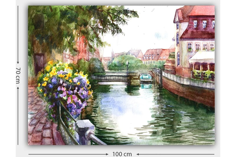 Canvastavla 70x100 cm - Vacker kanal med blommor i förgrunden och pittoreska byggnader i bakgrunden - Grön / Blå / Lila - Inredning - Tavlor & konst - Canvastavlor