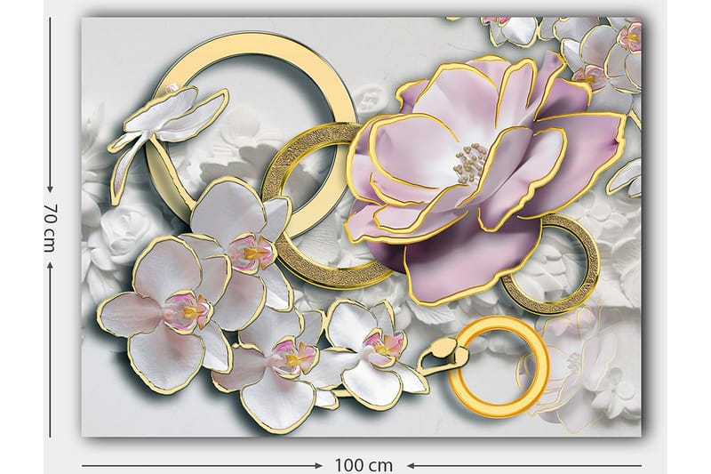 Canvastavla 70x100 cm - Vacker komposition av blommor och ringar i en elegant design - Ljusrosa / Vit / Guld - Inredning - Tavlor & konst - Canvastavlor