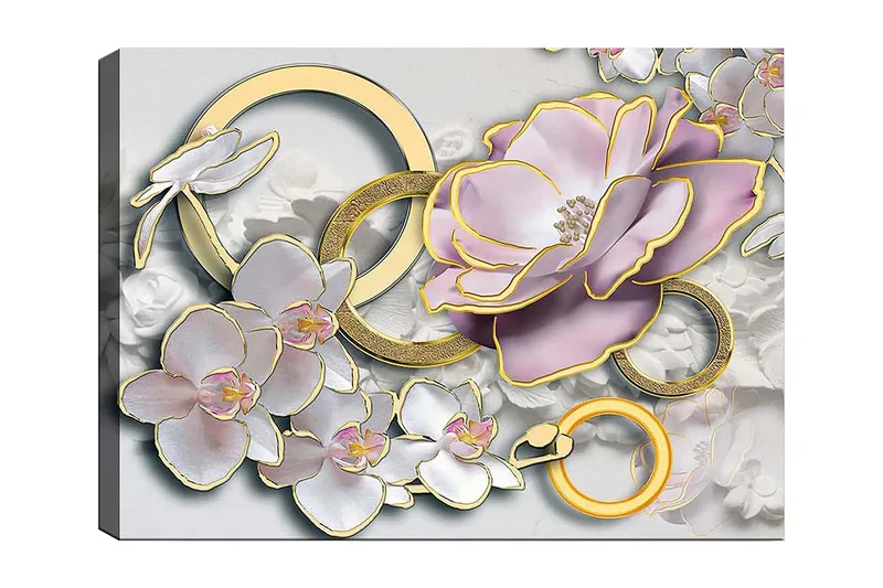Canvastavla 70x100 cm - Vacker komposition av blommor och ringar i en elegant design, Ljusrosa / Vit / Guld