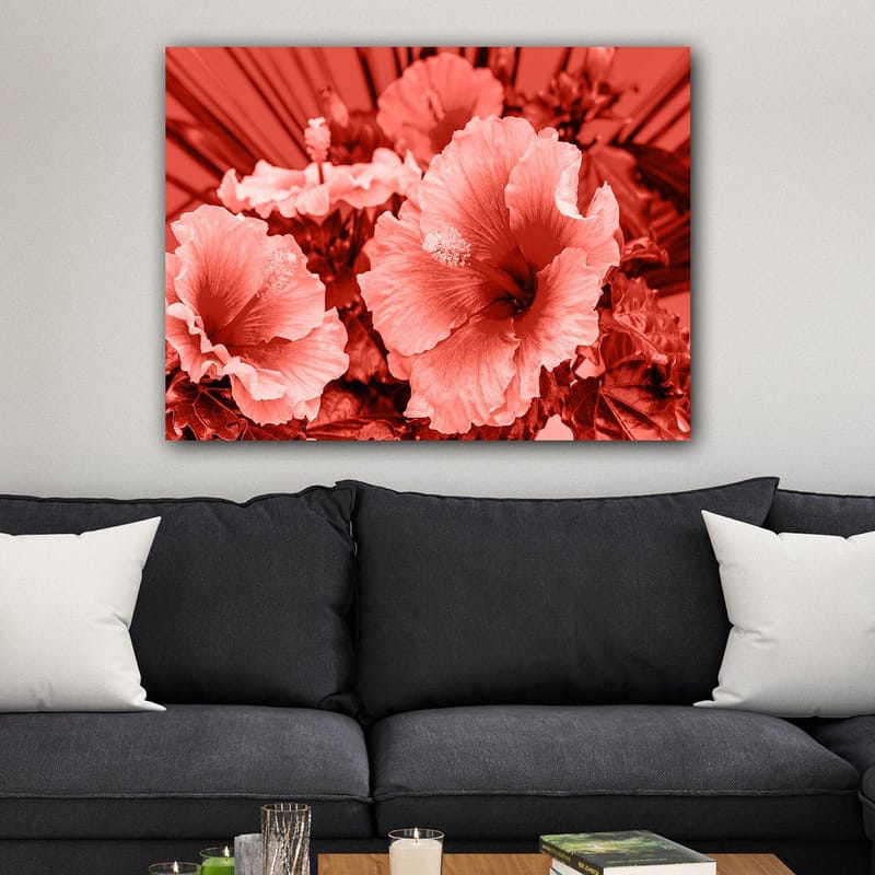 Canvastavla 70x100 cm - Vacker komposition av hibiskusblommor i olika nyanser av röd färg - Röd / Ljusrosa - Inredning - Tavlor & konst - Canvastavlor