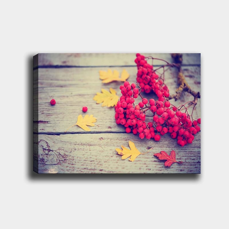 Canvastavla 70x100 cm - Vacker komposition av röda rönnbär och gula höstlöv på en träyta, Röd / Gul