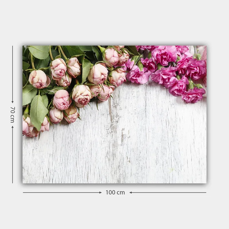 Canvastavla 70x100 cm - Vacker komposition av rosor och nejlikor i mjuka rosa nyanser - Ljusrosa / Mörkrosa / Grön - Inredning - Tavlor & konst - Canvastavlor