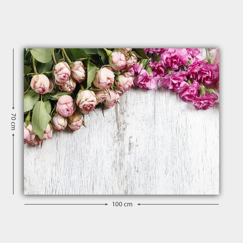 Canvastavla 70x100 cm - Vacker komposition av rosor och nejlikor i mjuka rosa nyanser - Ljusrosa / Mörkrosa / Grön - Inredning - Tavlor & konst - Canvastavlor