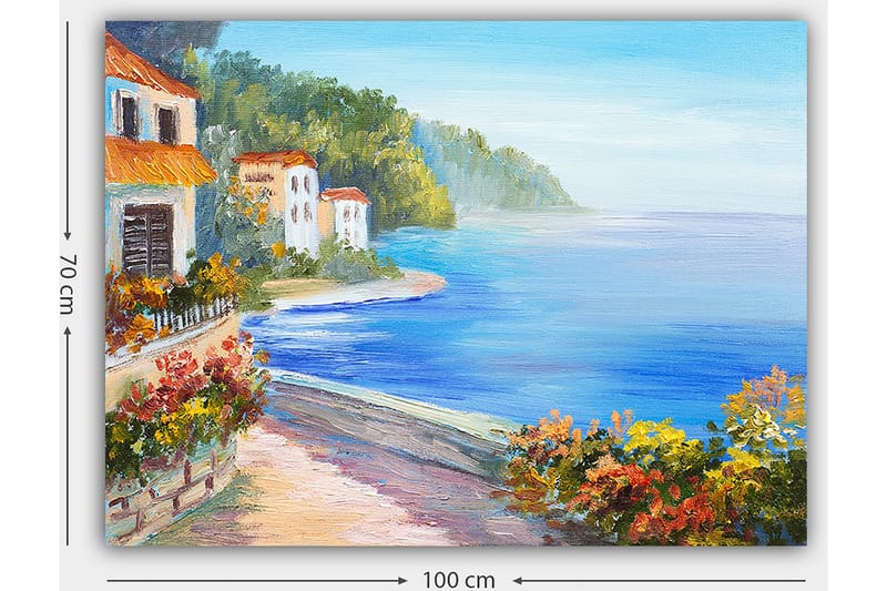 Canvastavla 70x100 cm - Vacker kustlandskap med vita hus och blomstrande växter vid havet - Blå / Grön / Orange - Inredning - Tavlor & konst - Canvastavlor