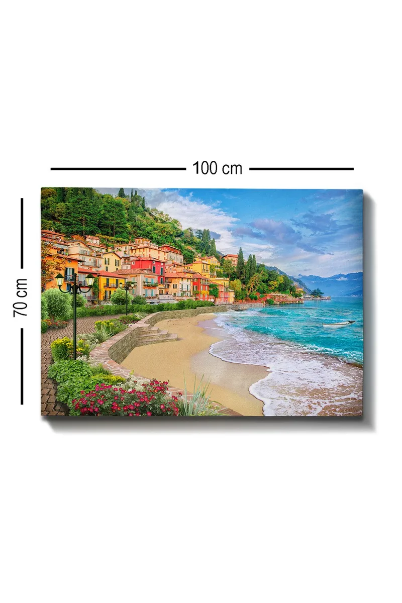 Canvastavla 70x100 cm - Vacker kustlinje med färgglada hus som klättrar uppför en grönskande kulle vid en strand - Blå / Grön / Gul - Inredning - Tavlor & konst - Canvastavlor