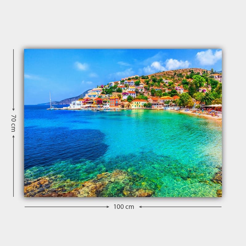 Canvastavla 70x100 cm - Vacker kustlinje med färgglada hus vid havet och en klar blå himmel - Turkos / Blå / Grön - Inredning - Tavlor & konst - Canvastavlor