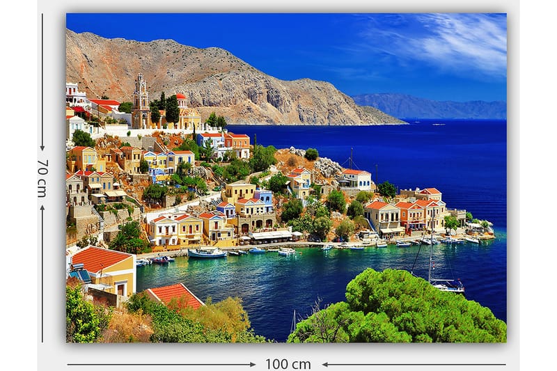 Canvastavla 70x100 cm - Vacker kuststad med färgglada hus vid havet och omgivande berg - Blå / Grön / Orange - Inredning - Tavlor & konst - Canvastavlor