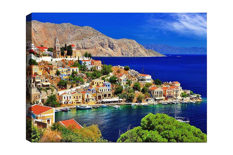 Canvastavla 70x100 cm - Vacker kuststad med färgglada hus vid havet och omgivande berg - Blå / Grön / Orange - Inredning - Tavlor & konst - Canvastavlor