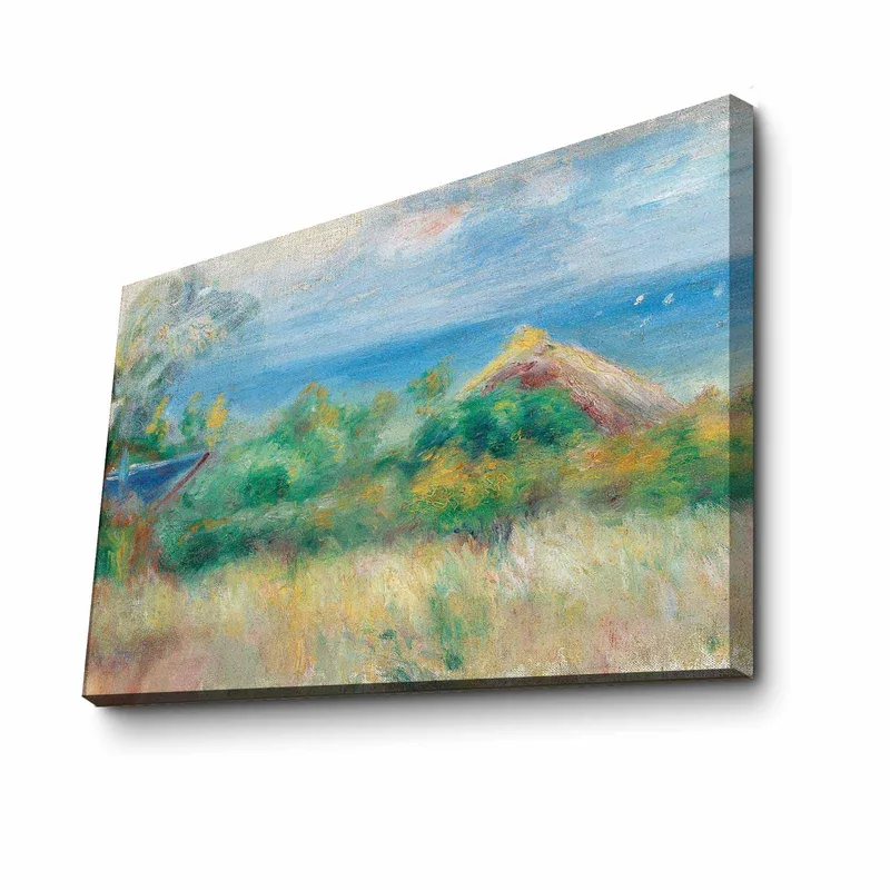 Canvastavla 70x100 cm - Vacker landskapsmålning med en blå himmel, hav och gröna fält - Blå / Grön / Beige - Inredning - Tavlor & konst - Canvastavlor