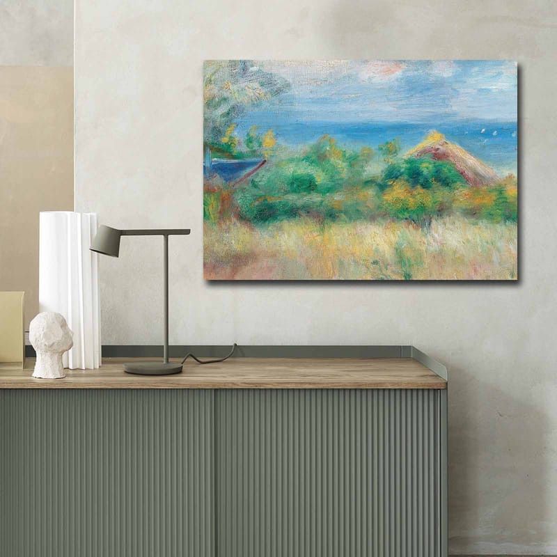 Canvastavla 70x100 cm - Vacker landskapsmålning med en blå himmel, hav och gröna fält - Blå / Grön / Beige - Inredning - Tavlor & konst - Canvastavlor