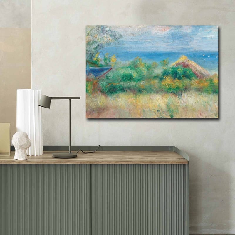 Canvastavla 70x100 cm - Vacker landskapsmålning med en blå himmel, hav och gröna fält - Blå / Grön / Beige - Inredning - Tavlor & konst - Canvastavlor