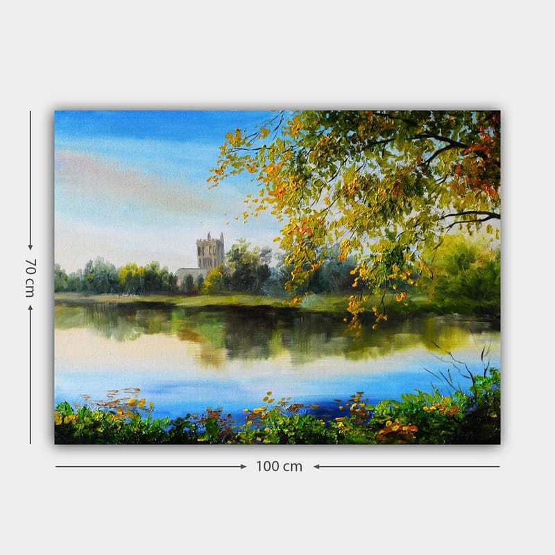 Canvastavla 70x100 cm - Vacker landskapsmålning med en spegelblanka sjö och ett gammalt torn i bakgrunden, omgiven av träd och höstfärger - Grön / Blå / Gul - Inredning - Tavlor & konst - Canvastavlor
