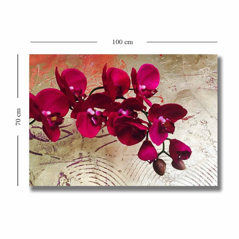Canvastavla 70x100 cm - Vacker orkidé med djuprosa blommor mot en gyllene bakgrund - Djuprosa / Guld - Inredning - Tavlor & konst - Canvastavlor