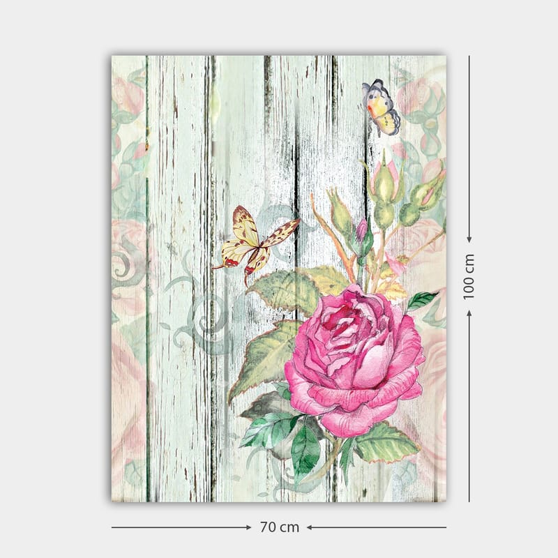 Canvastavla 70x100 cm - Vacker ros omgiven av fjärilar och gröna blad - Rosa / Grön / Gul - Inredning - Tavlor & konst - Canvastavlor
