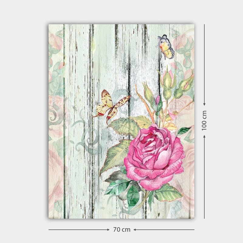 Canvastavla 70x100 cm - Vacker ros omgiven av fjärilar och gröna blad - Rosa / Grön / Gul - Inredning - Tavlor & konst - Canvastavlor