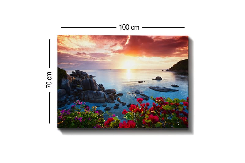 Canvastavla 70x100 cm - Vacker solnedgång över havet med klippor och färgglada blommor i förgrunden - Rosa / Blå / Orange - Inredning - Tavlor & konst - Canvastavlor