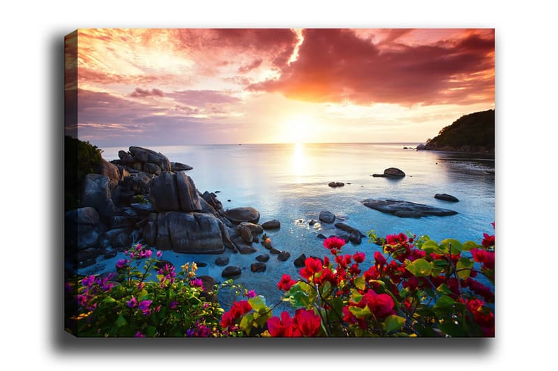Canvastavla 70x100 cm - Vacker solnedgång över havet med klippor och färgglada blommor i förgrunden, Rosa / Blå / Orange