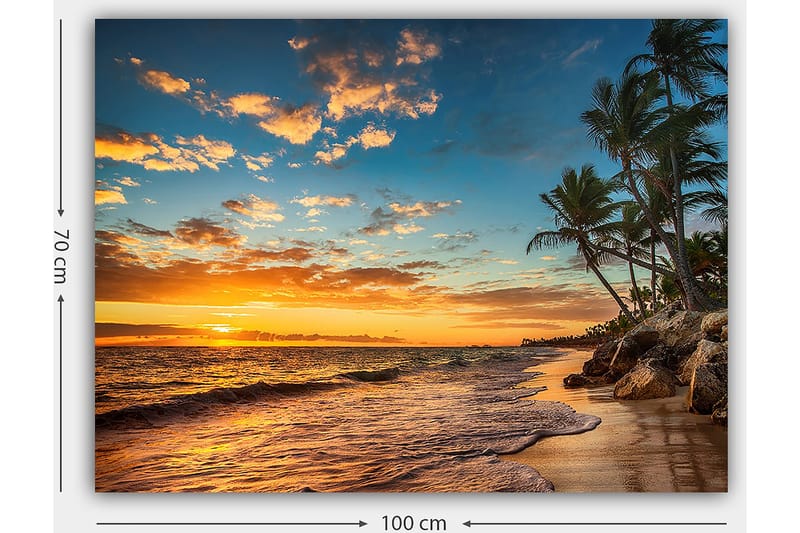 Canvastavla 70x100 cm - Vacker solnedgång vid en strand med palmer och mjuka vågor som rullar in mot sanden - Orange / Blå / Beige - Inredning - Tavlor & konst - Canvastavlor